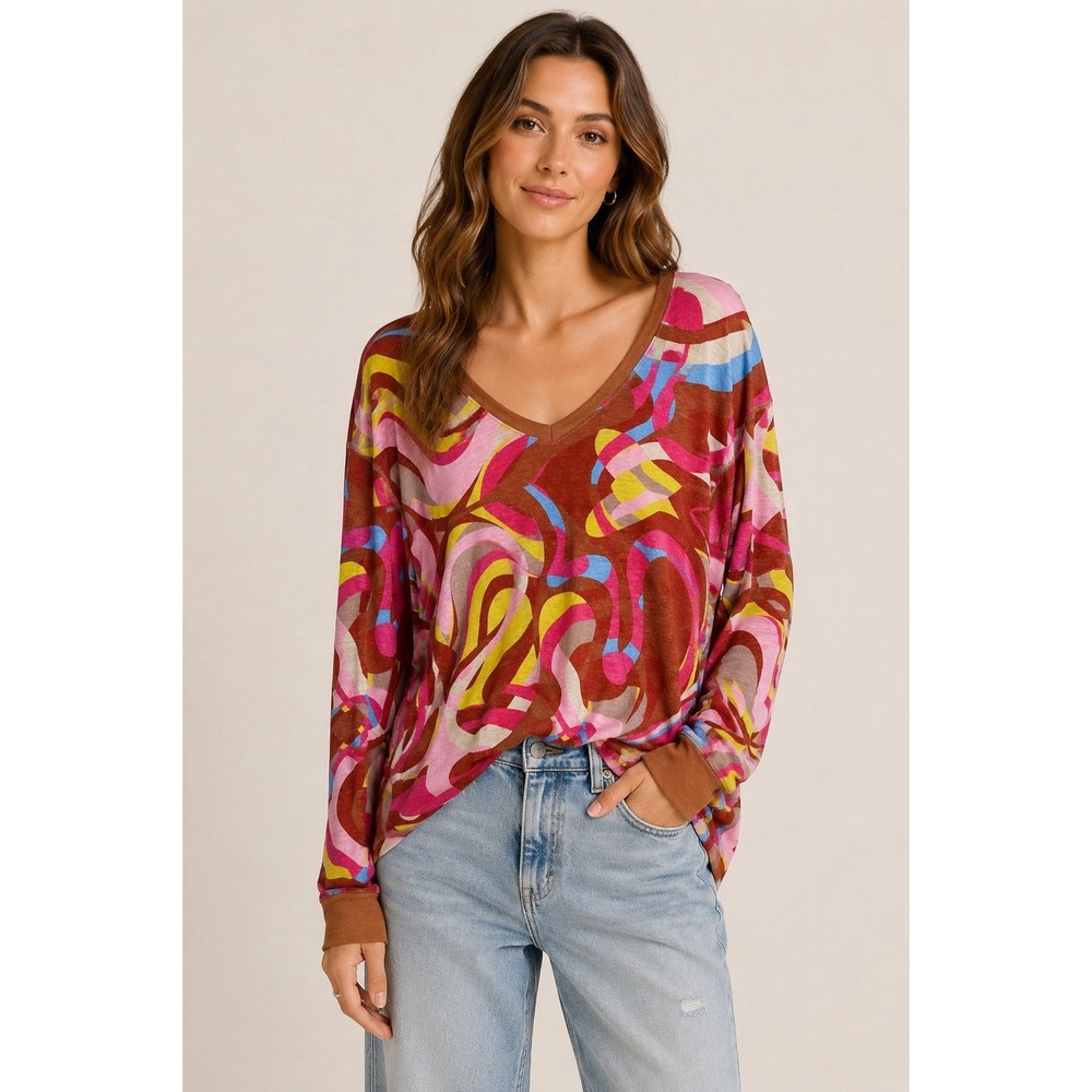 FP Movement Top Small Retro Mod Swirl Print Oversized Long Sleeve Boho